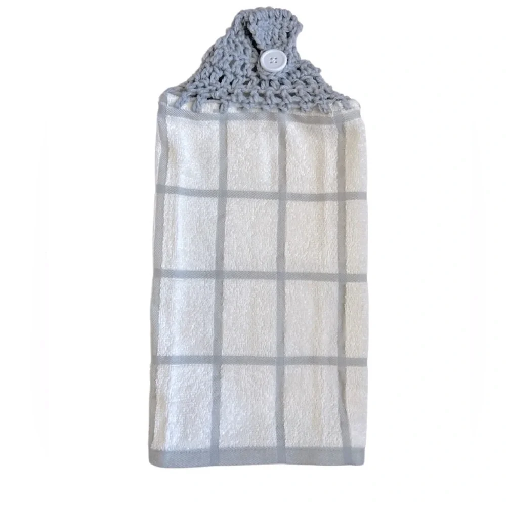 Hand Crafted Gray and White Hanging Hand Towel Crochet Top Kitchen or Bathroom